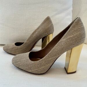 Tory Burch Classic Taupe Fabric Pumps with Gold Block Heel